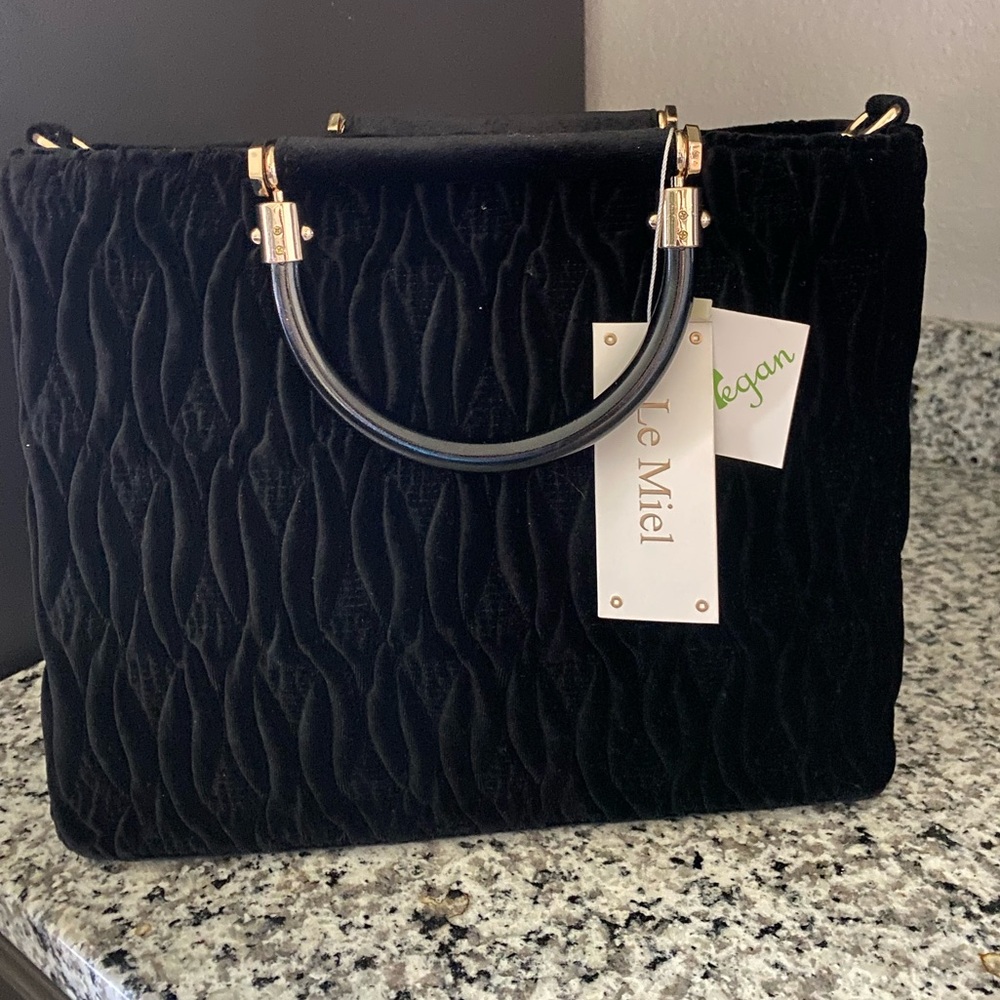 Black Quilted Velvet Top-Handle Bag